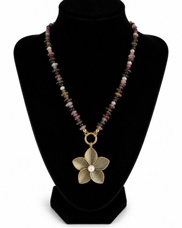Unbranded Jewelry - Multicolor Crystal & Pearl Beaded Necklace, Gold Tone Flower Charm Pendant
